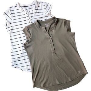 CALVIN KLEIN | Two Cotton Black White Stripe Green Cap Sleeve Henley Tops | S